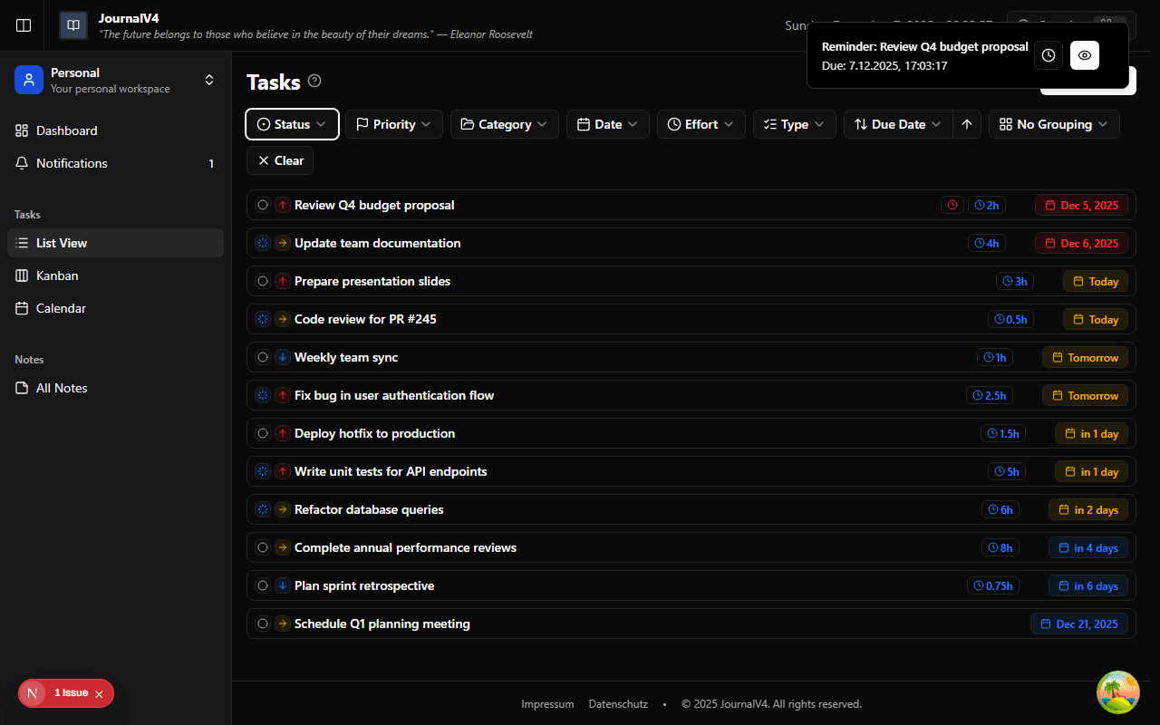 JournalV4 task management interface